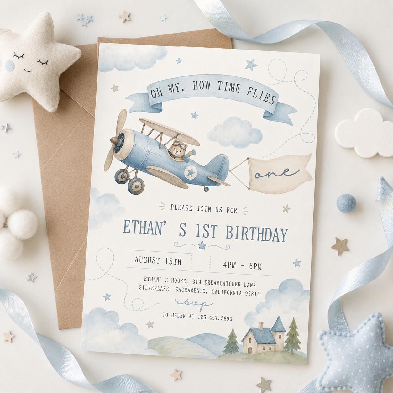 Editable Airplane 1st Birthday Invitation, Time Flies 1st Birthday Invite, Airplane Editable Invitation, Editable Canva Template __etsy:8067800993