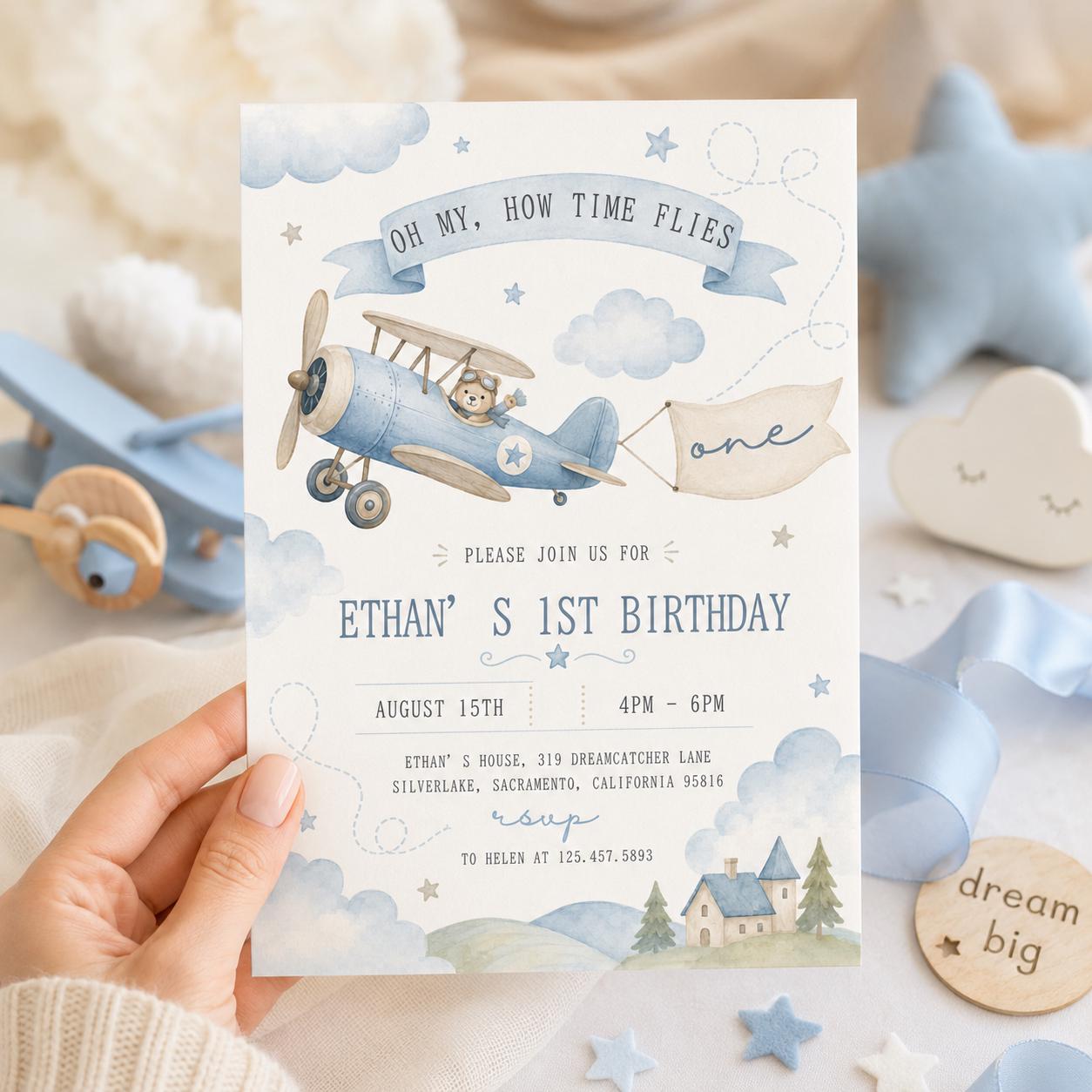 Editable Airplane 1st Birthday Invitation, Time Flies 1st Birthday Invite, Airplane Editable Invitation, Editable Canva Template __etsy:8067800997