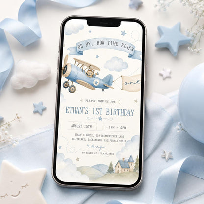 Editable Airplane 1st Birthday Invitation, Time Flies 1st Birthday Invite, Airplane Editable Invitation, Editable Canva Template __etsy:8067801003