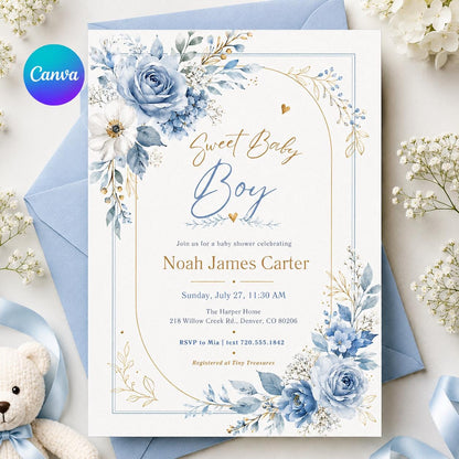 Editable Baby Shower Invitation, Boy Baby Clothes Baby Shower Invite, A Sweet Baby Boy is on his way Laundry Blue Greenery, Canva Template __etsy:8085430537