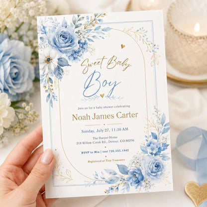 Editable Baby Shower Invitation, Boy Baby Clothes Baby Shower Invite, A Sweet Baby Boy is on his way Laundry Blue Greenery, Canva Template __etsy:8037484766