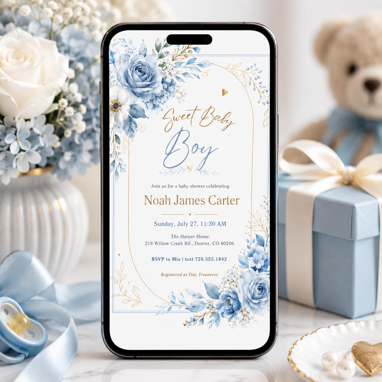 Editable Baby Shower Invitation, Boy Baby Clothes Baby Shower Invite, A Sweet Baby Boy is on his way Laundry Blue Greenery, Canva Template __etsy:8085397805