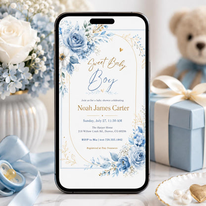 Editable Baby Shower Invitation, Boy Baby Clothes Baby Shower Invite, A Sweet Baby Boy is on his way Laundry Blue Greenery, Canva Template __etsy:8085397805