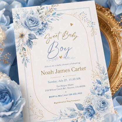 Editable Baby Shower Invitation, Boy Baby Clothes Baby Shower Invite, A Sweet Baby Boy is on his way Laundry Blue Greenery, Canva Template __etsy:8037484894