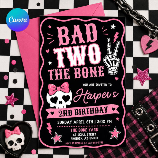 Editable Bad Two the Bone Birthday Invitation, Bad to the Bone 2nd Birthday Invite, Two Cool 2nd Birthday Girl Party, Canva Template __etsy:8040627634