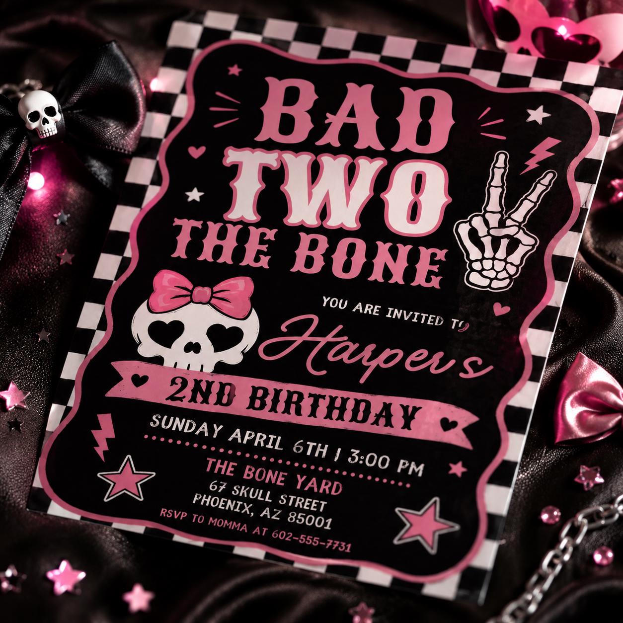 Editable Bad Two the Bone Birthday Invitation, Bad to the Bone 2nd Birthday Invite, Two Cool 2nd Birthday Girl Party, Canva Template __etsy:8088541249