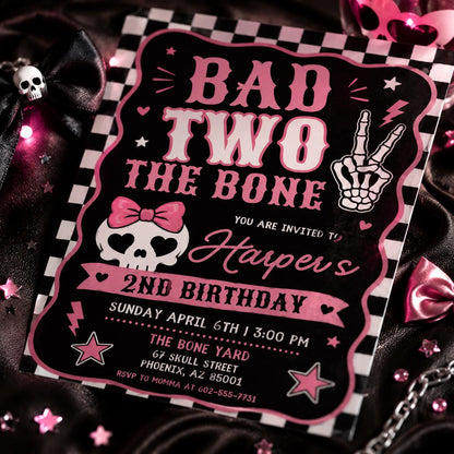 Editable Bad Two the Bone Birthday Invitation, Bad to the Bone 2nd Birthday Invite, Two Cool 2nd Birthday Girl Party, Canva Template __etsy:8088541249