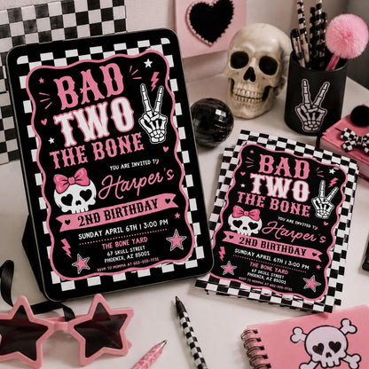 Editable Bad Two the Bone Birthday Invitation, Bad to the Bone 2nd Birthday Invite, Two Cool 2nd Birthday Girl Party, Canva Template __etsy:8088541253