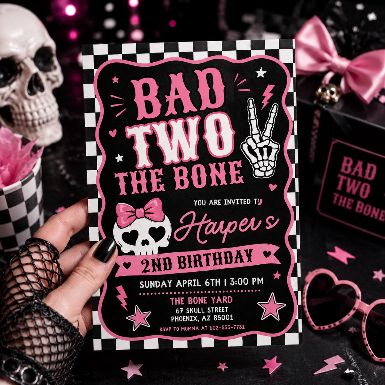 Editable Bad Two the Bone Birthday Invitation, Bad to the Bone 2nd Birthday Invite, Two Cool 2nd Birthday Girl Party, Canva Template __etsy:8088541251