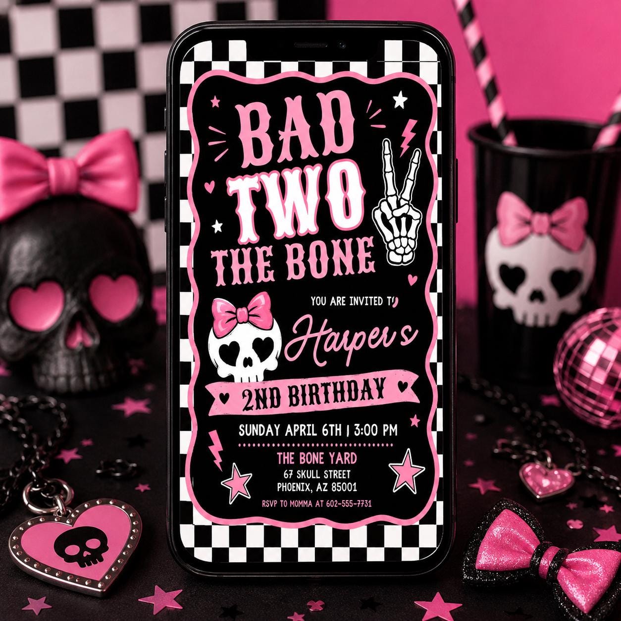 Editable Bad Two the Bone Birthday Invitation, Bad to the Bone 2nd Birthday Invite, Two Cool 2nd Birthday Girl Party, Canva Template __etsy:8040627646