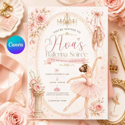Editable Ballerina Birthday Invitation, Pink Ballet Party Invite, Canva Template, Printable Girls Birthday Party Invite, Tutu Digital Design __etsy:8121969638
