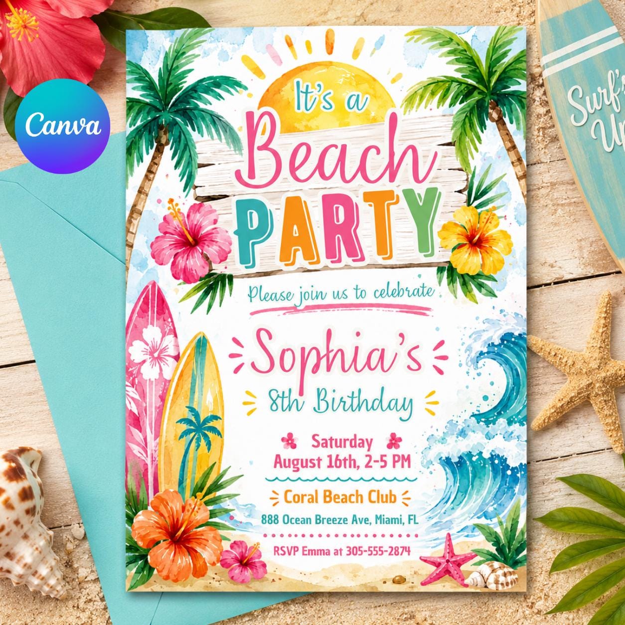Editable Beach Party Invitation Template: Birthday, Pool Party, Shower, Girl Surfing Beach Party Birthday Invitation, Surf's Up Surfboard __etsy:8081758851