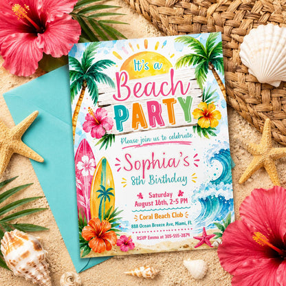 Editable Beach Party Invitation Template: Birthday, Pool Party, Shower, Girl Surfing Beach Party Birthday Invitation, Surf's Up Surfboard __etsy:8033423266
