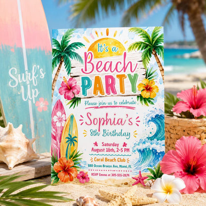 Editable Beach Party Invitation Template: Birthday, Pool Party, Shower, Girl Surfing Beach Party Birthday Invitation, Surf's Up Surfboard __etsy:8081335215