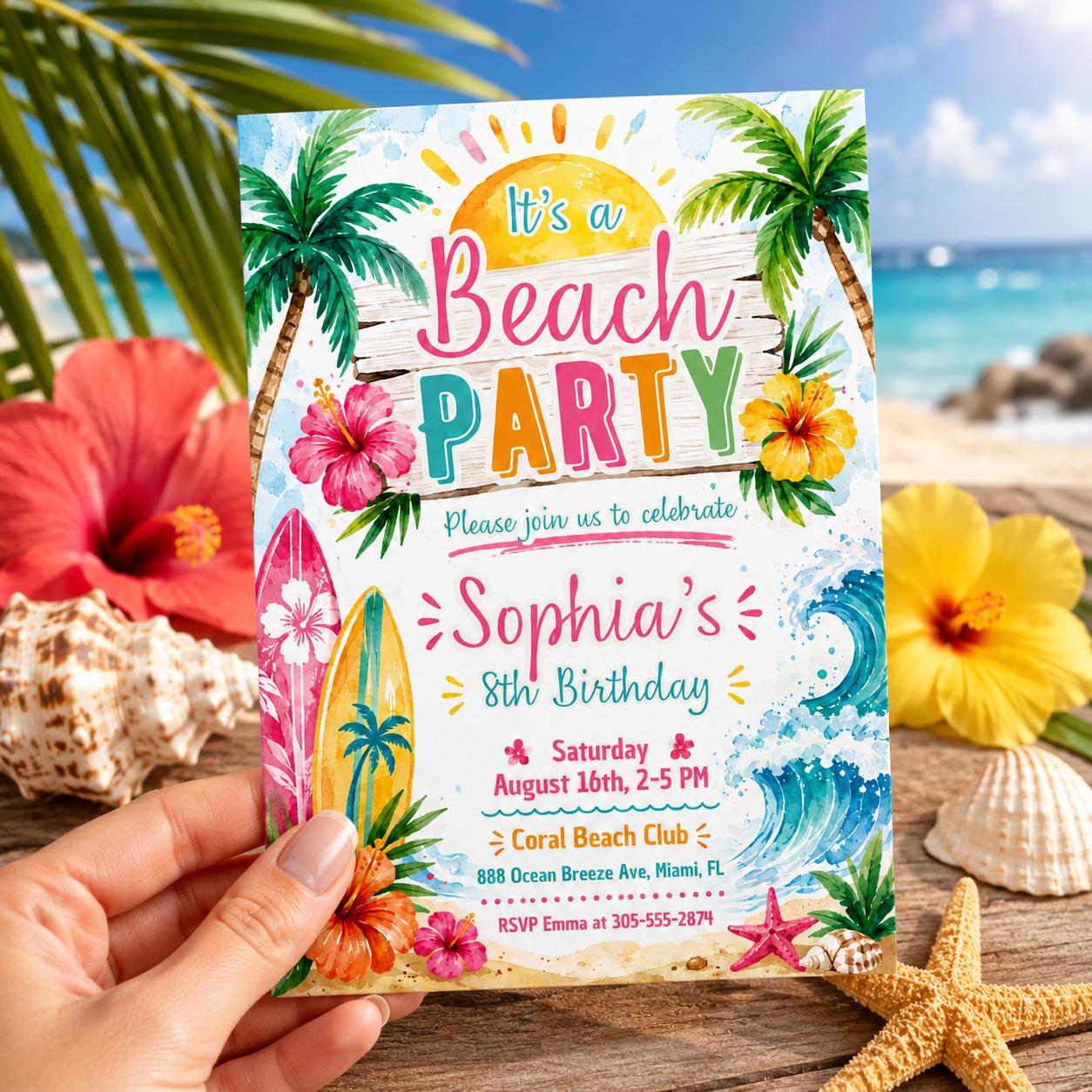 Editable Beach Party Invitation Template: Birthday, Pool Party, Shower, Girl Surfing Beach Party Birthday Invitation, Surf's Up Surfboard __etsy:8081335287