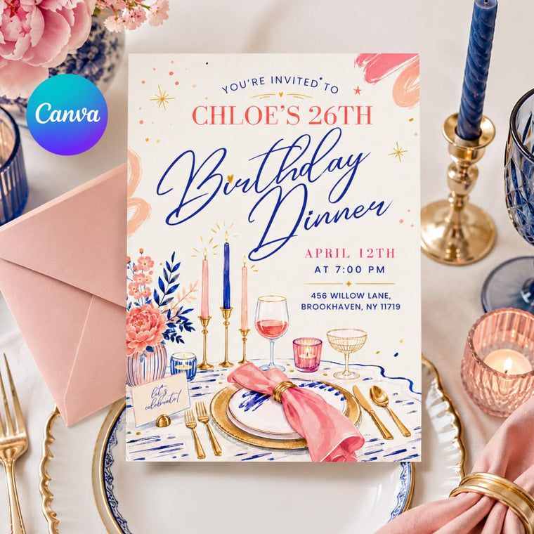 Pink and Navy Watercolor 26th Birthday Dinner Invitation