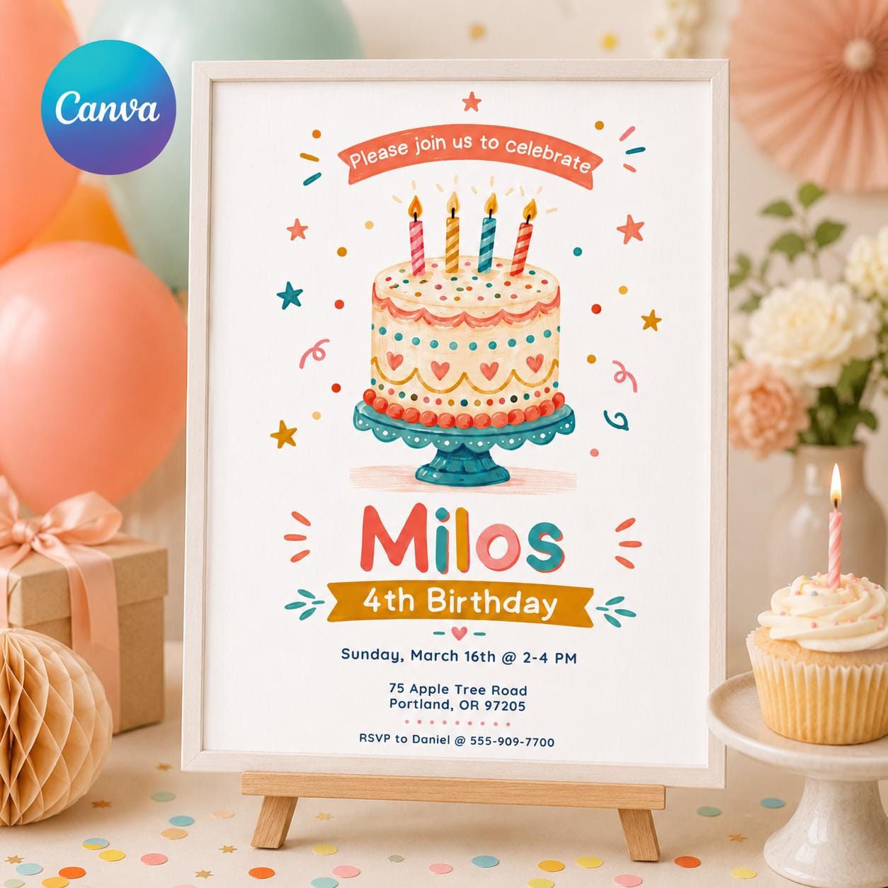 Editable Birthday Invitation Template: 4th Birthday Party (Digital Download) __etsy:8011217824