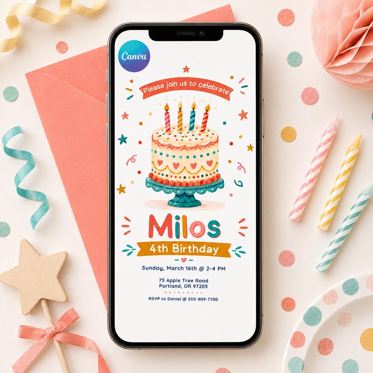 Editable Birthday Invitation Template: 4th Birthday Party (Digital Download) __etsy:8011217834