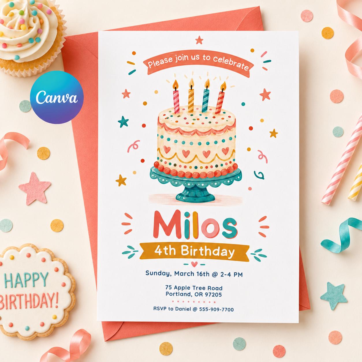 Editable Birthday Invitation Template: 4th Birthday Party (Digital Download) __etsy:8059131329