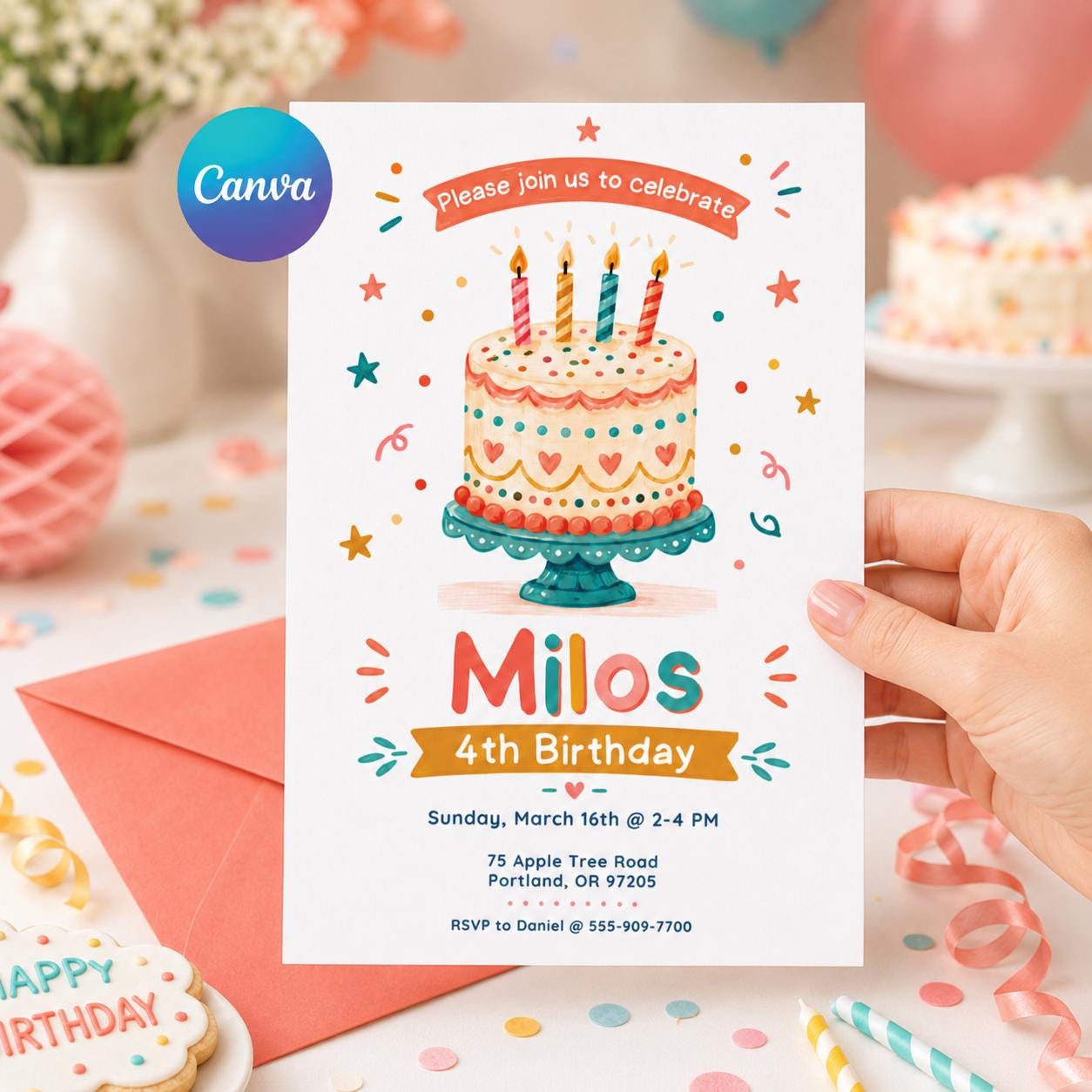 Editable Birthday Invitation Template: 4th Birthday Party (Digital Download) __etsy:8011217832