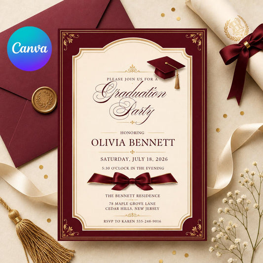 Editable Black Bow Graduation Party Invitation, Graduation Announcement Template, Minimalist Graduation Invitation, Grad Party Invite __etsy:8002346852