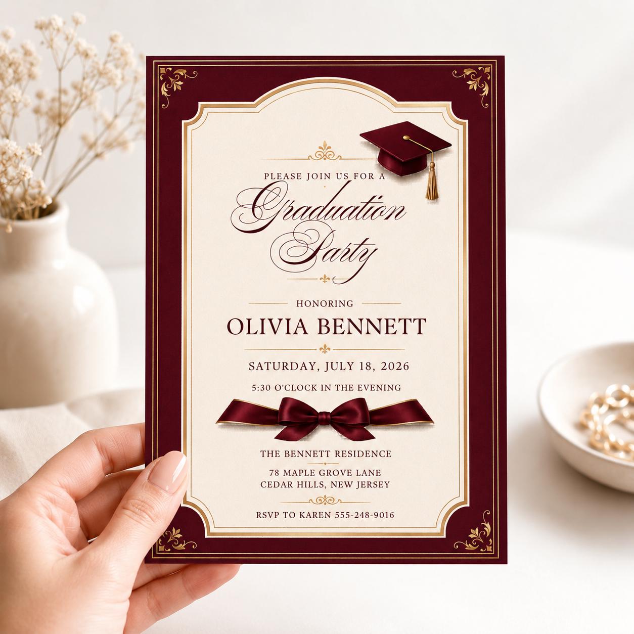 Editable Black Bow Graduation Party Invitation, Graduation Announcement Template, Minimalist Graduation Invitation, Grad Party Invite __etsy:8050270835