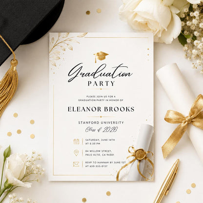 Editable Black Bow Graduation Party Invitation, Graduation Announcement Template, Minimalist Graduation Invitation, Grad Party Invite, Canva __etsy:8058480033