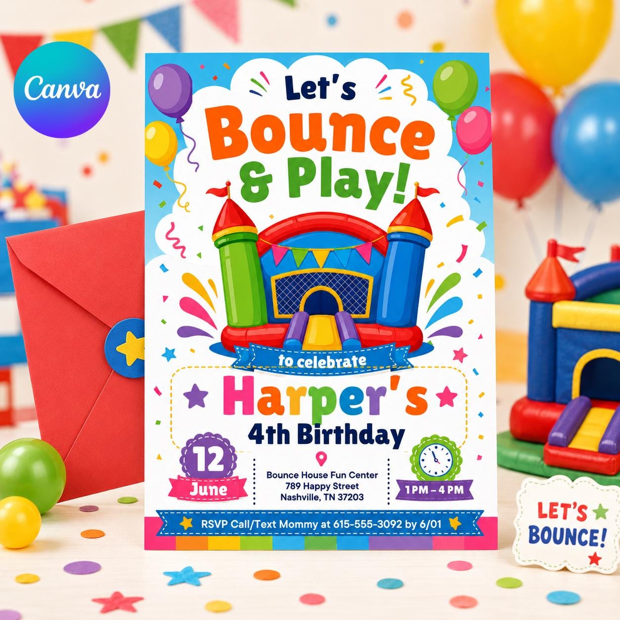 Editable Bounce House Birthday Invitation, Kids Jump Bounce House Party Invitation, Printable Bouncing Castle Invitation Canva Template, DIY __etsy:8078424733