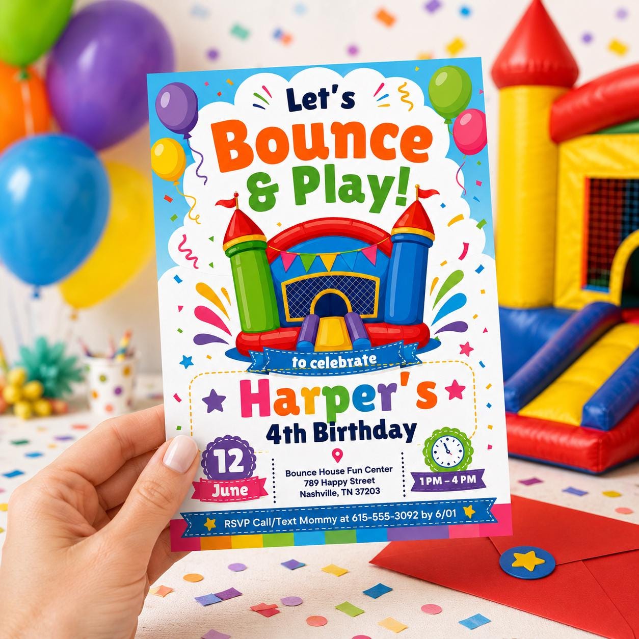 Editable Bounce House Birthday Invitation, Kids Jump Bounce House Party Invitation, Printable Bouncing Castle Invitation Canva Template, DIY __etsy:8078421445