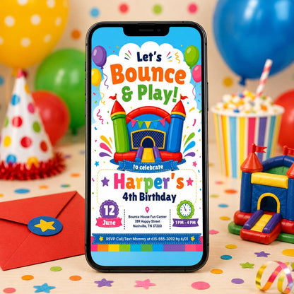 Editable Bounce House Birthday Invitation, Kids Jump Bounce House Party Invitation, Printable Bouncing Castle Invitation Canva Template, DIY __etsy:8078421437