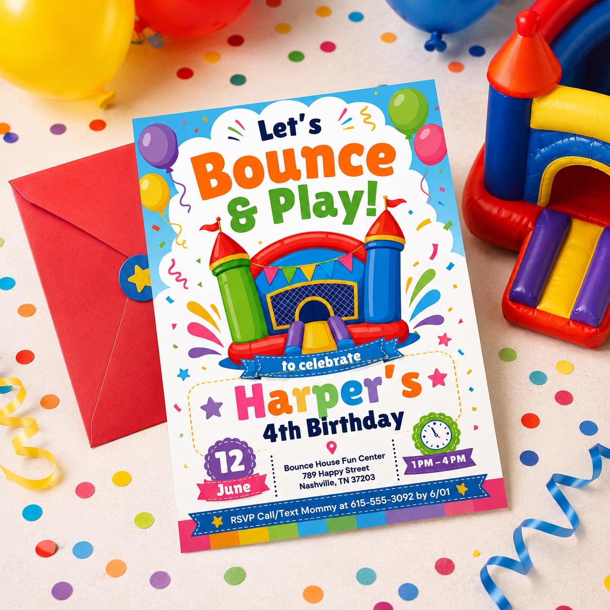 Editable Bounce House Birthday Invitation, Kids Jump Bounce House Party Invitation, Printable Bouncing Castle Invitation Canva Template, DIY __etsy:8078421449