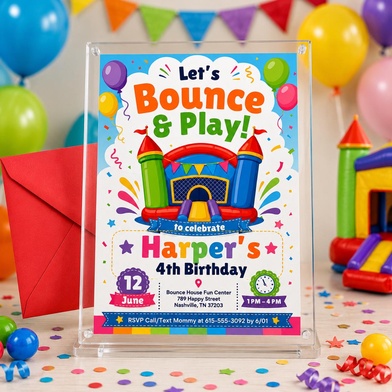 Editable Bounce House Birthday Invitation, Kids Jump Bounce House Party Invitation, Printable Bouncing Castle Invitation Canva Template, DIY __etsy:8078421455