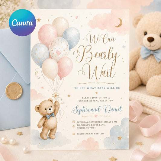 Editable Brown Bear Balloon Baby Shower Invitation, We Can Bearly Wait Baby Shower Invite, Blue Boy Boho Bear Baby Shower Canva Digital __etsy:8059946679