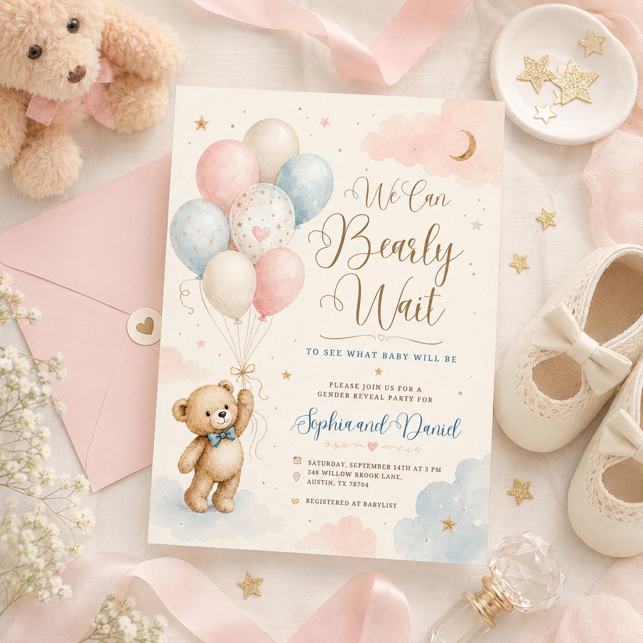 Editable Brown Bear Balloon Baby Shower Invitation, We Can Bearly Wait Baby Shower Invite, Blue Boy Boho Bear Baby Shower Canva Digital __etsy:8012026186
