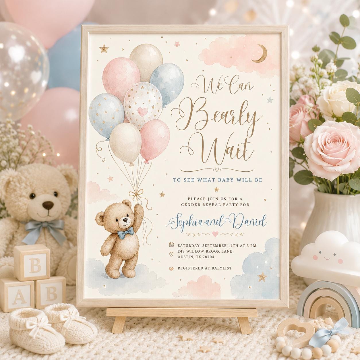 Editable Brown Bear Balloon Baby Shower Invitation, We Can Bearly Wait Baby Shower Invite, Blue Boy Boho Bear Baby Shower Canva Digital __etsy:8059937709