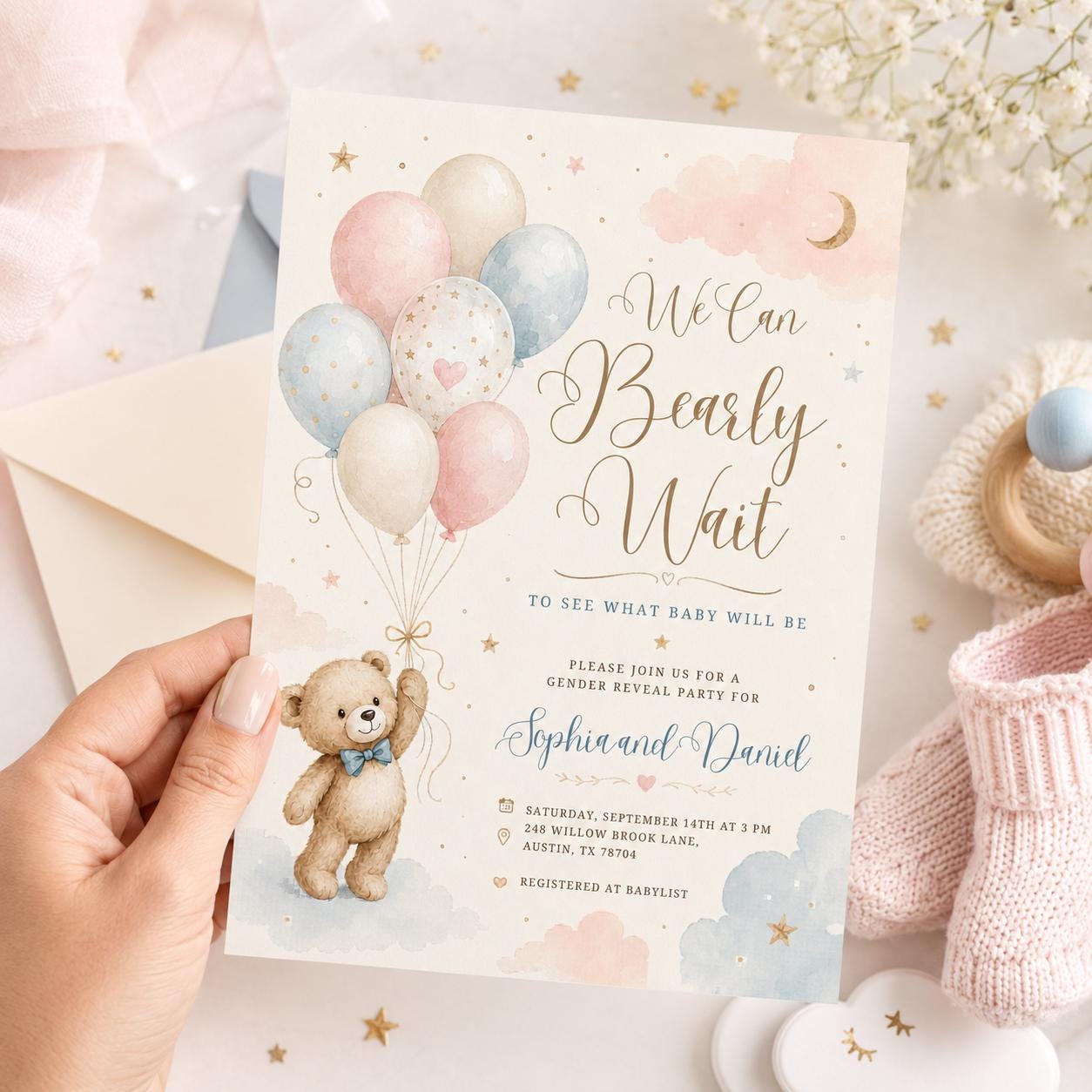Editable Brown Bear Balloon Baby Shower Invitation, We Can Bearly Wait Baby Shower Invite, Blue Boy Boho Bear Baby Shower Canva Digital __etsy:8059937795