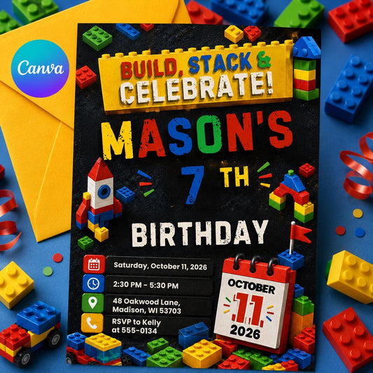 Editable Building Blocks Birthday Invitation, Chalkboard Brick Party Canva Template, Kids Toy Blocks Invite __etsy:8128536668