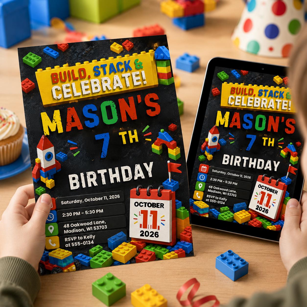 Editable Building Blocks Birthday Invitation, Chalkboard Brick Party Canva Template, Kids Toy Blocks Invite __etsy:8176449907