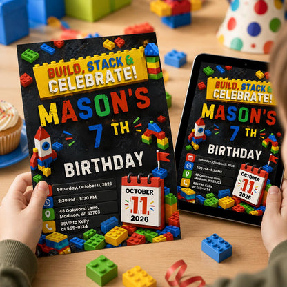 Editable Building Blocks Birthday Invitation, Chalkboard Brick Party Canva Template, Kids Toy Blocks Invite __etsy:8176449907