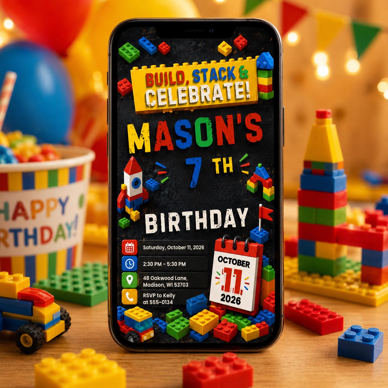 Editable Building Blocks Birthday Invitation, Chalkboard Brick Party Canva Template, Kids Toy Blocks Invite __etsy:8128536694