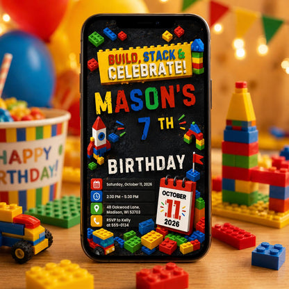 Editable Building Blocks Birthday Invitation, Chalkboard Brick Party Canva Template, Kids Toy Blocks Invite __etsy:8128536694