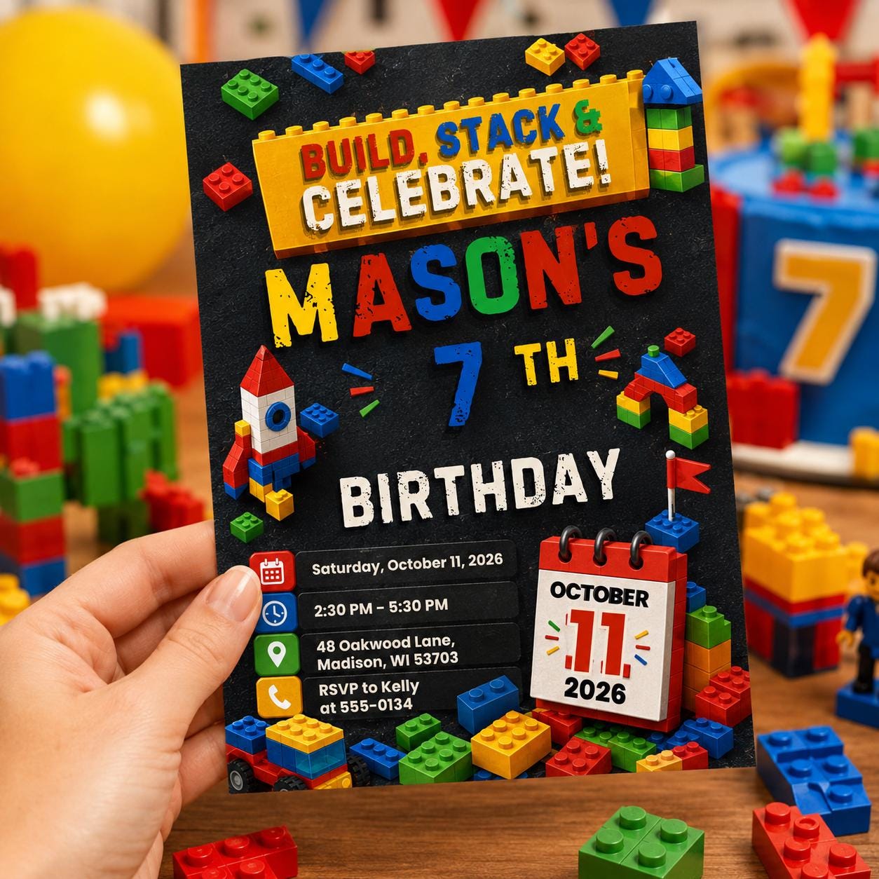 Editable Building Blocks Birthday Invitation, Chalkboard Brick Party Canva Template, Kids Toy Blocks Invite __etsy:8176449927