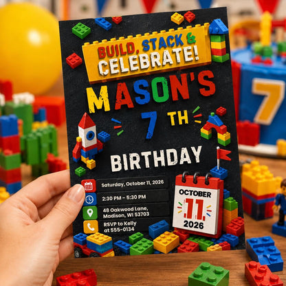 Editable Building Blocks Birthday Invitation, Chalkboard Brick Party Canva Template, Kids Toy Blocks Invite __etsy:8176449927