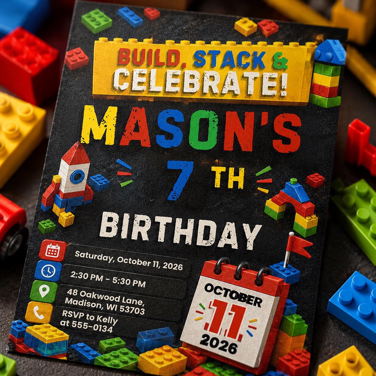 Editable Building Blocks Birthday Invitation, Chalkboard Brick Party Canva Template, Kids Toy Blocks Invite __etsy:8176449929