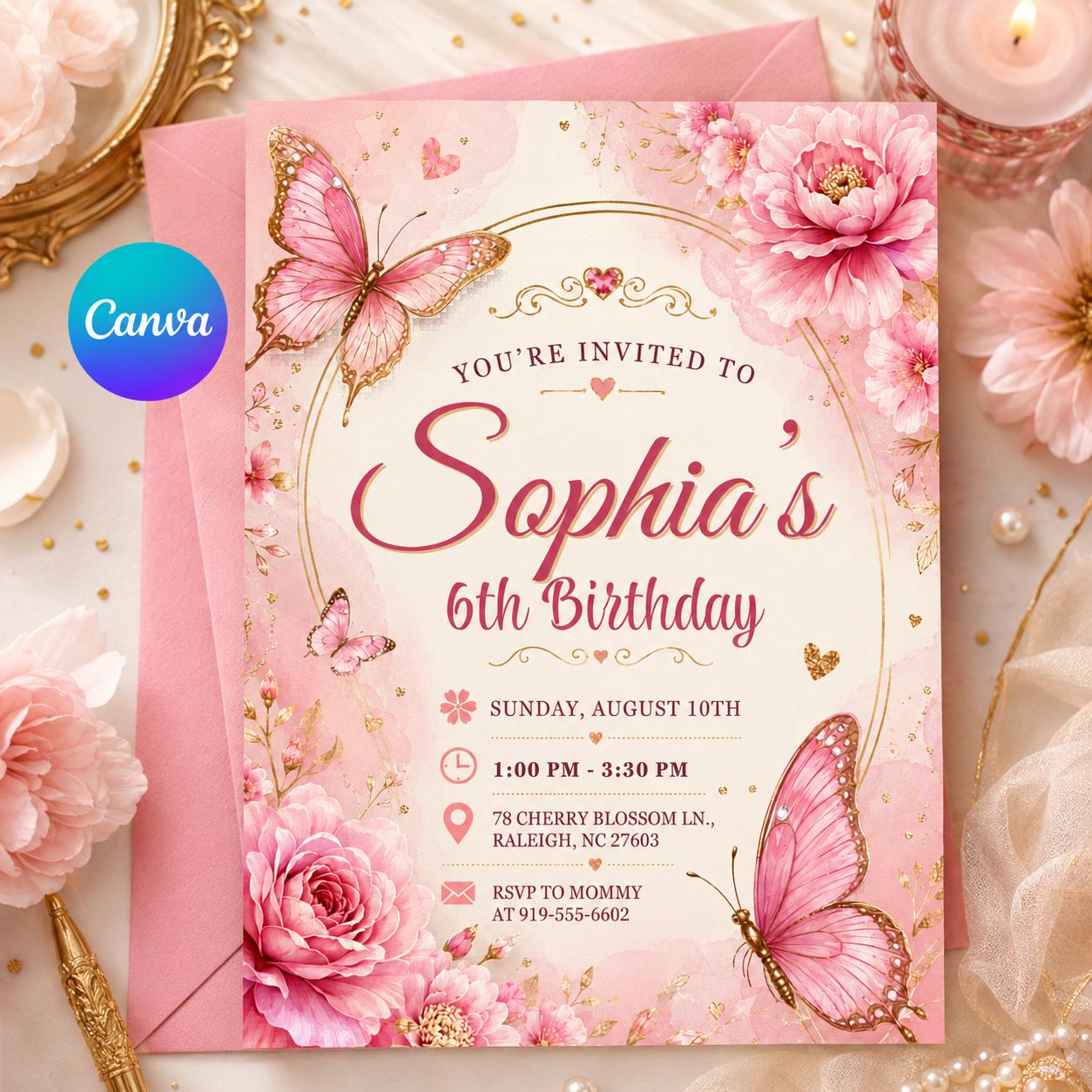 Editable Butterfly Birthday Invitation, Rainbow Floral Garden Party Invite, Whimsical Design, Canva Template __etsy:8085001219