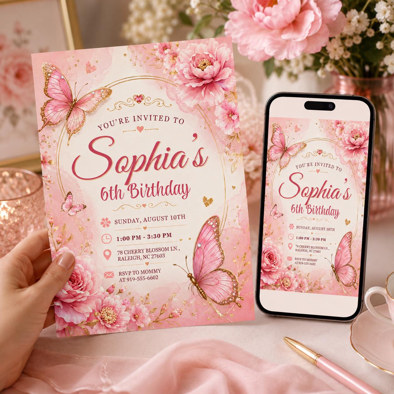 Editable Butterfly Birthday Invitation, Rainbow Floral Garden Party Invite, Whimsical Design, Canva Template __etsy:8037084704