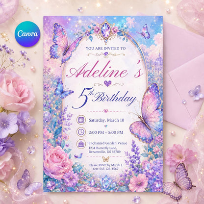 Editable Butterfly Birthday Invitation, Rainbow Floral Garden Party Invite, Whimsical Design, Fairy 1st Birthday, Canva Template __etsy:8111738493