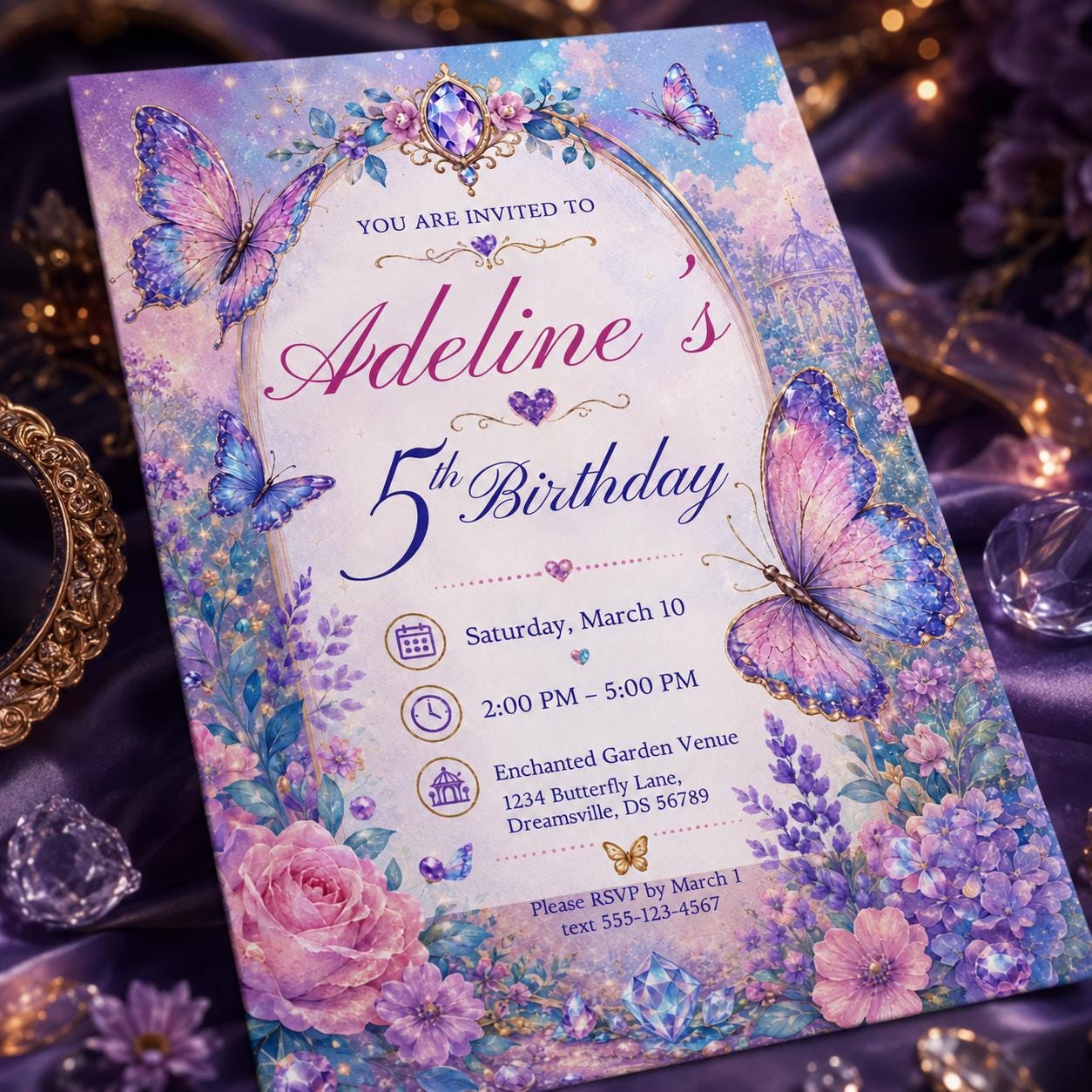 Editable Butterfly Birthday Invitation, Rainbow Floral Garden Party Invite, Whimsical Design, Fairy 1st Birthday, Canva Template __etsy:8111738503