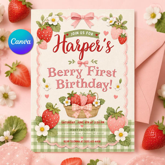 Editable Canva Invitation Berry First Birthday Party, Berry First Birthday Invitation, Editable 1st Birthday Girl Invite, Canva Template __etsy:8101813413