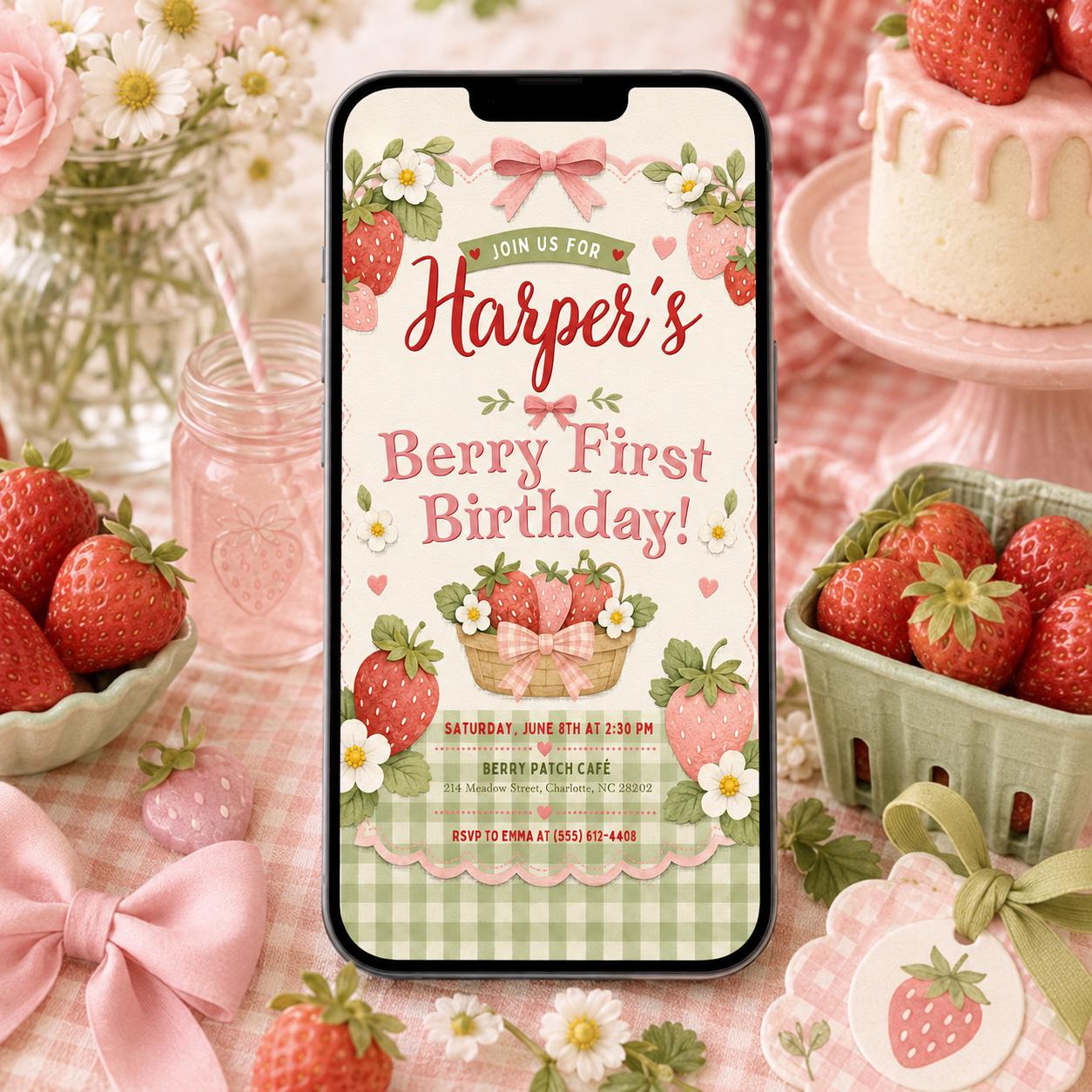 Editable Canva Invitation Berry First Birthday Party, Berry First Birthday Invitation, Editable 1st Birthday Girl Invite, Canva Template __etsy:8101813437